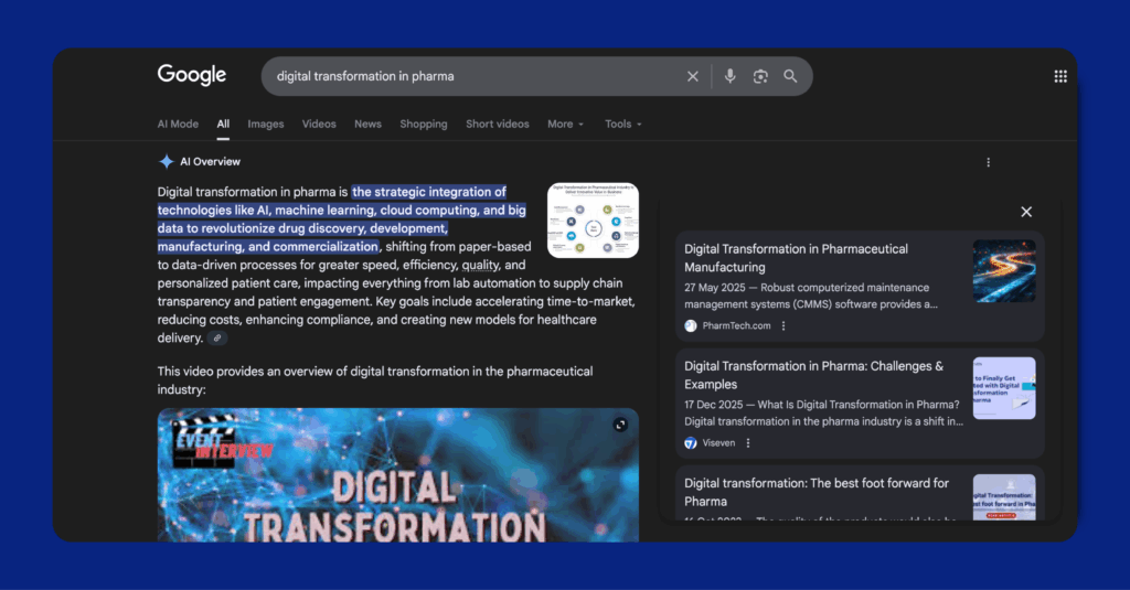 AI overviews visibility in Google, pharma GEO